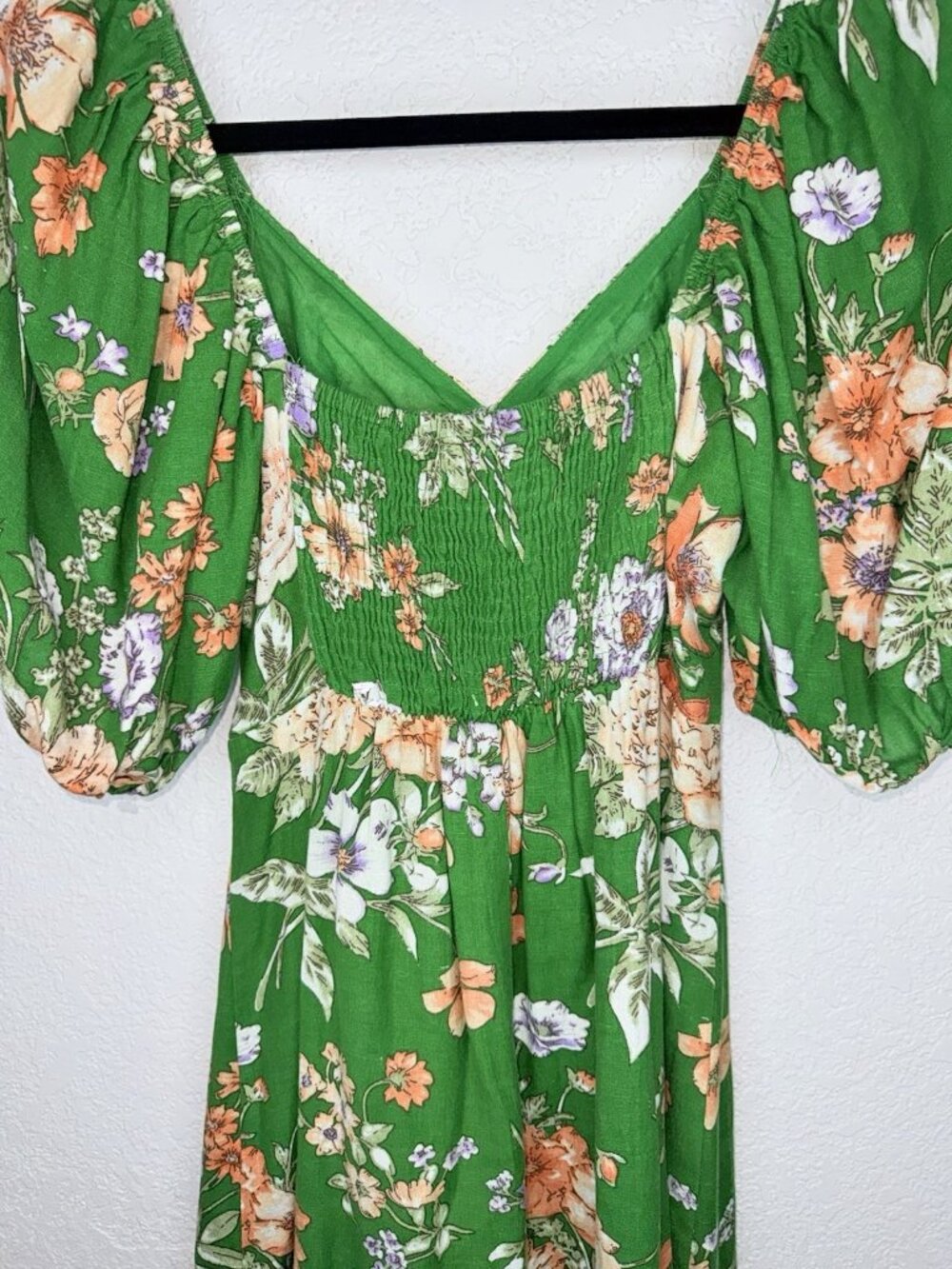 Sim & Sam Dress Linen Blend Floral Medium Babydoll Vacation Green Boho Summer I - Picture 6 of 13